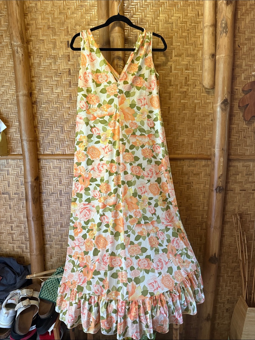 Vintage Peach and Green Floral Midi slip Dress small